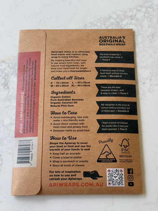 Back of the Apiwrap Set pack showing sizes, ingredients and care
