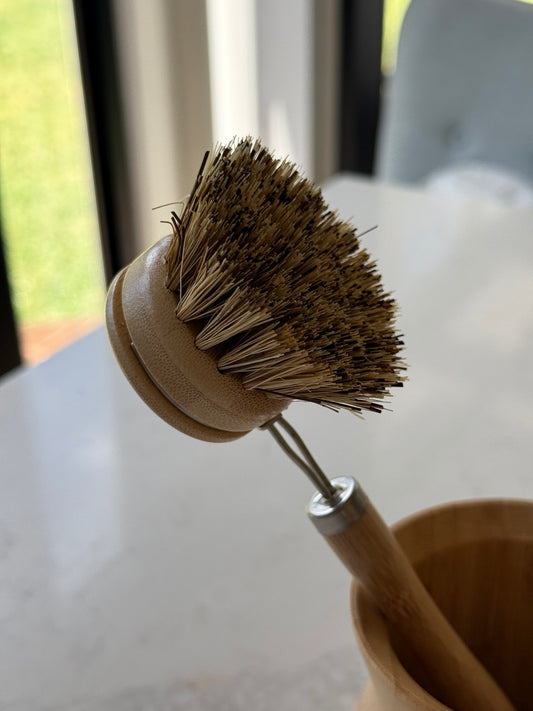 Close-up of the dish brush head and plant bristles