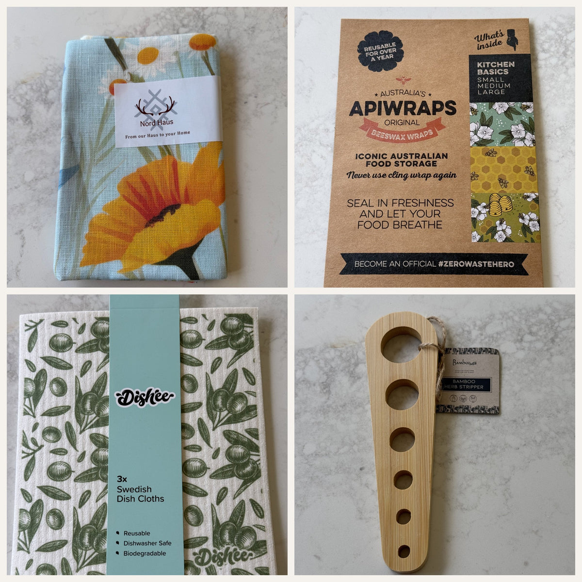 The Bench Gift Set: Linen Tea Towel — Fieldflower, Kitchen Basics — 3 beeswax wraps (S, M, L), Swedish Dish Cloths — Olives (3 pack), Bamboo Herb Stripper