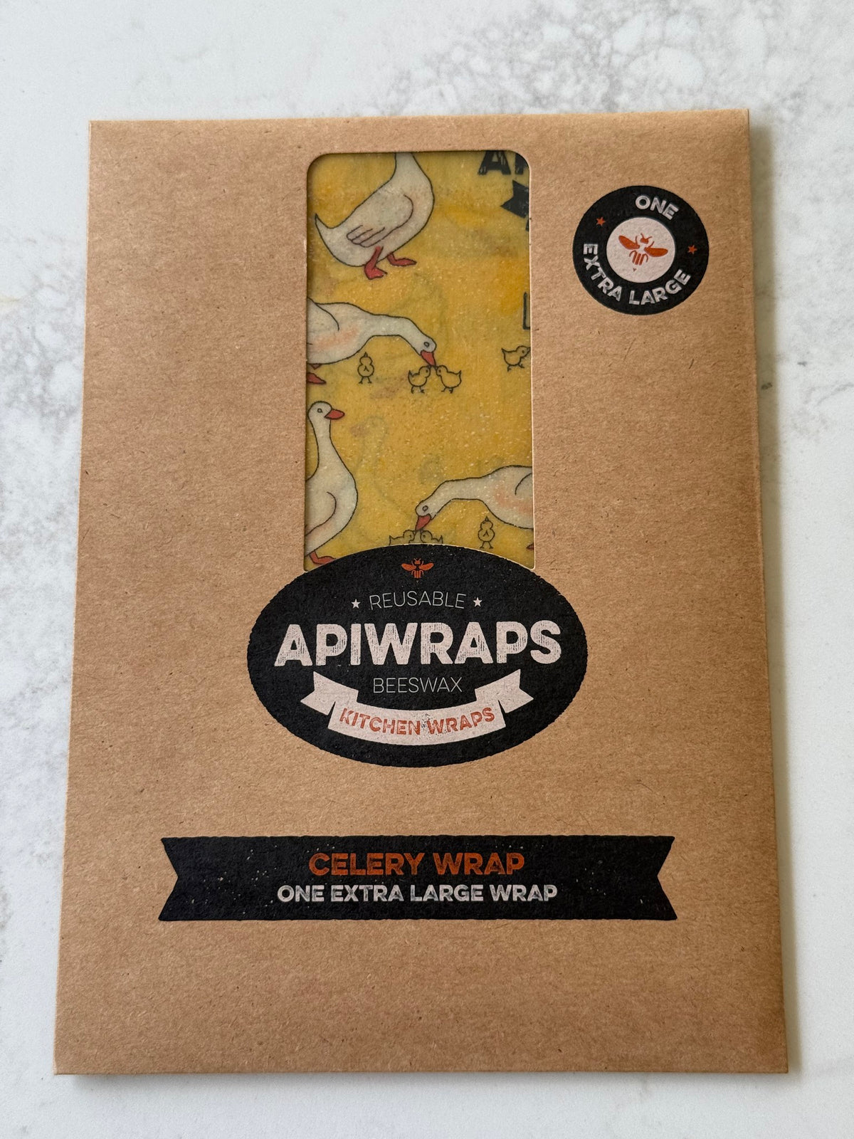 Apiwraps Celery Wrap extra-large beeswax wrap, on our kitchen bench in Bayside