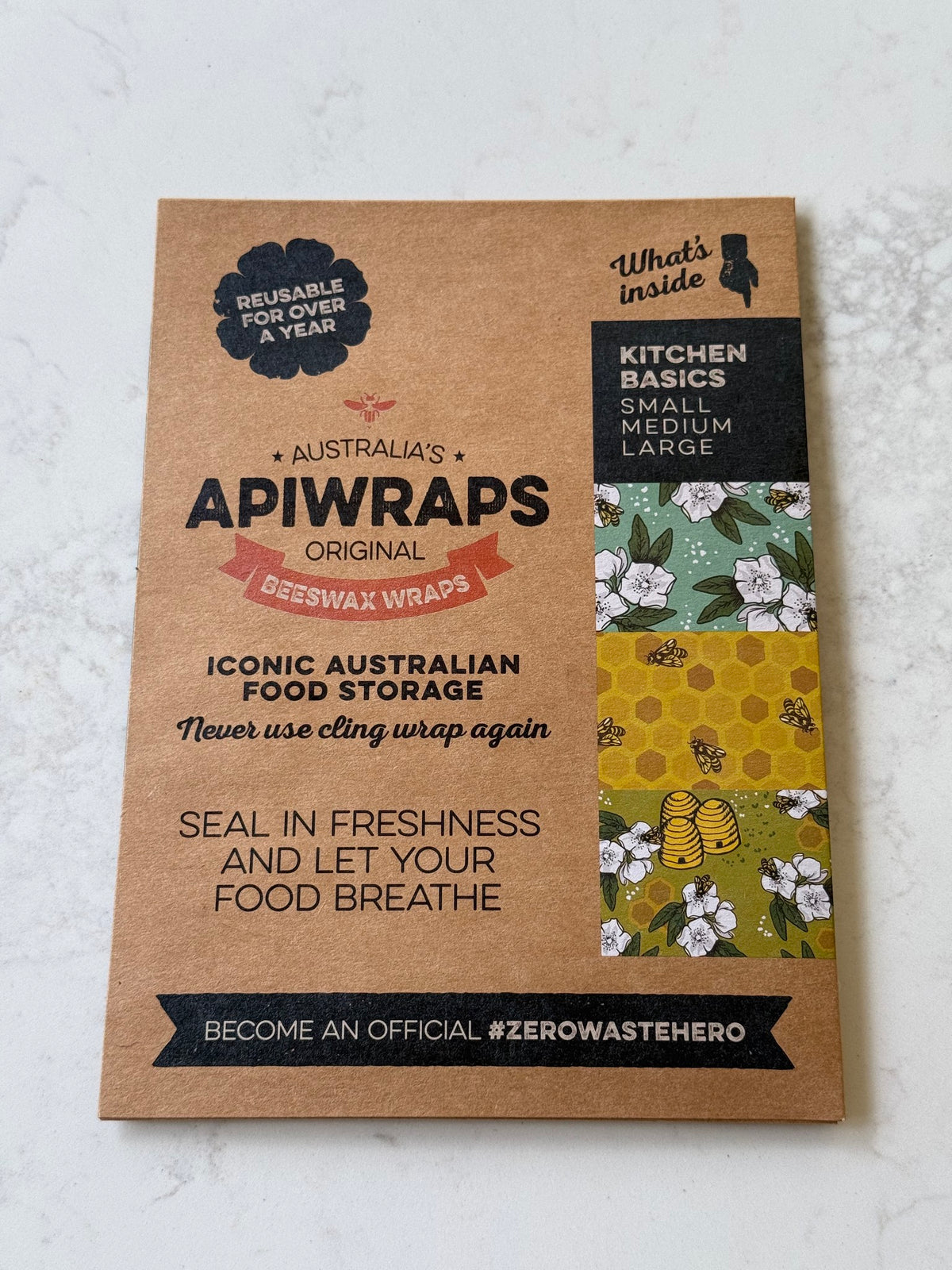 Kitchen Basics pack of 3 beeswax wraps in Leatherwood Bee, on our kitchen bench in Bayside