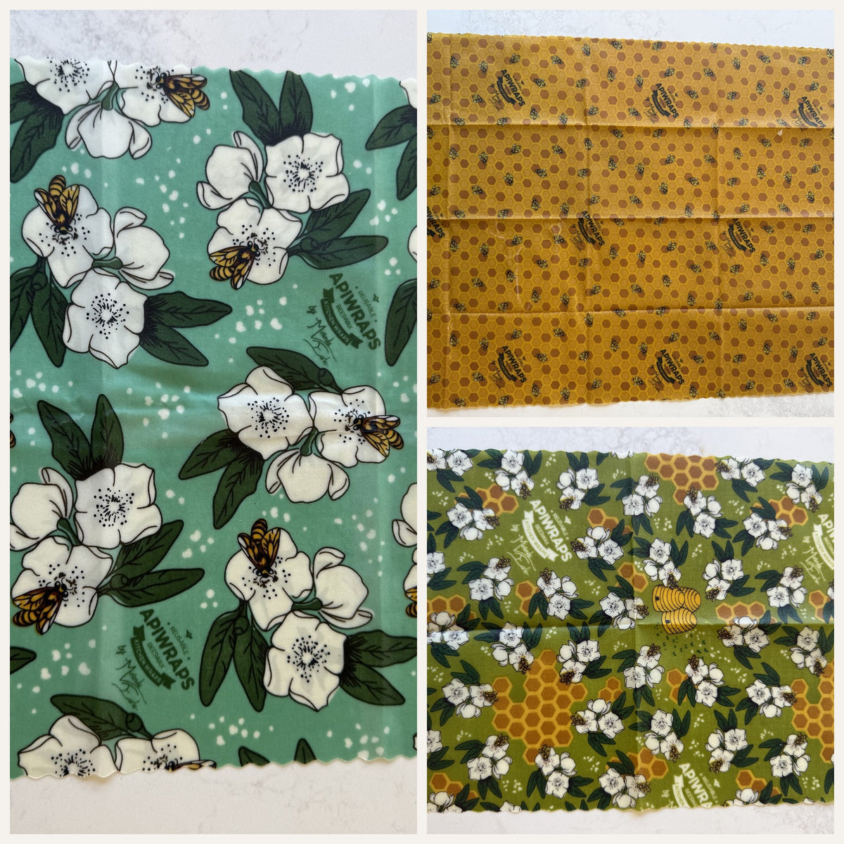 The three wraps in Kitchen Basics laid flat: teal, honeycomb and olive green
