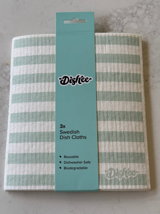 Dishee Swedish dish cloths 3 pack in Sage Stripe, on our kitchen bench in Bayside