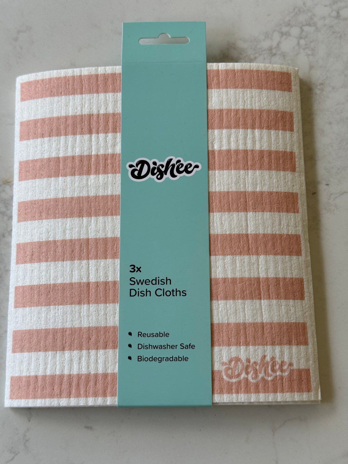 Dishee Swedish dish cloths 3 pack in Terracotta Stripe, on our kitchen bench in Bayside