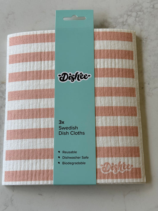 Dishee Swedish dish cloths 3 pack in Terracotta Stripe, on our kitchen bench in Bayside