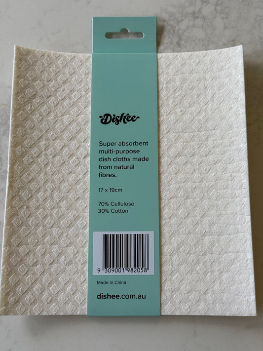 Back of the Dishee pack: 17 x 19cm, 70% cellulose, 30% cotton