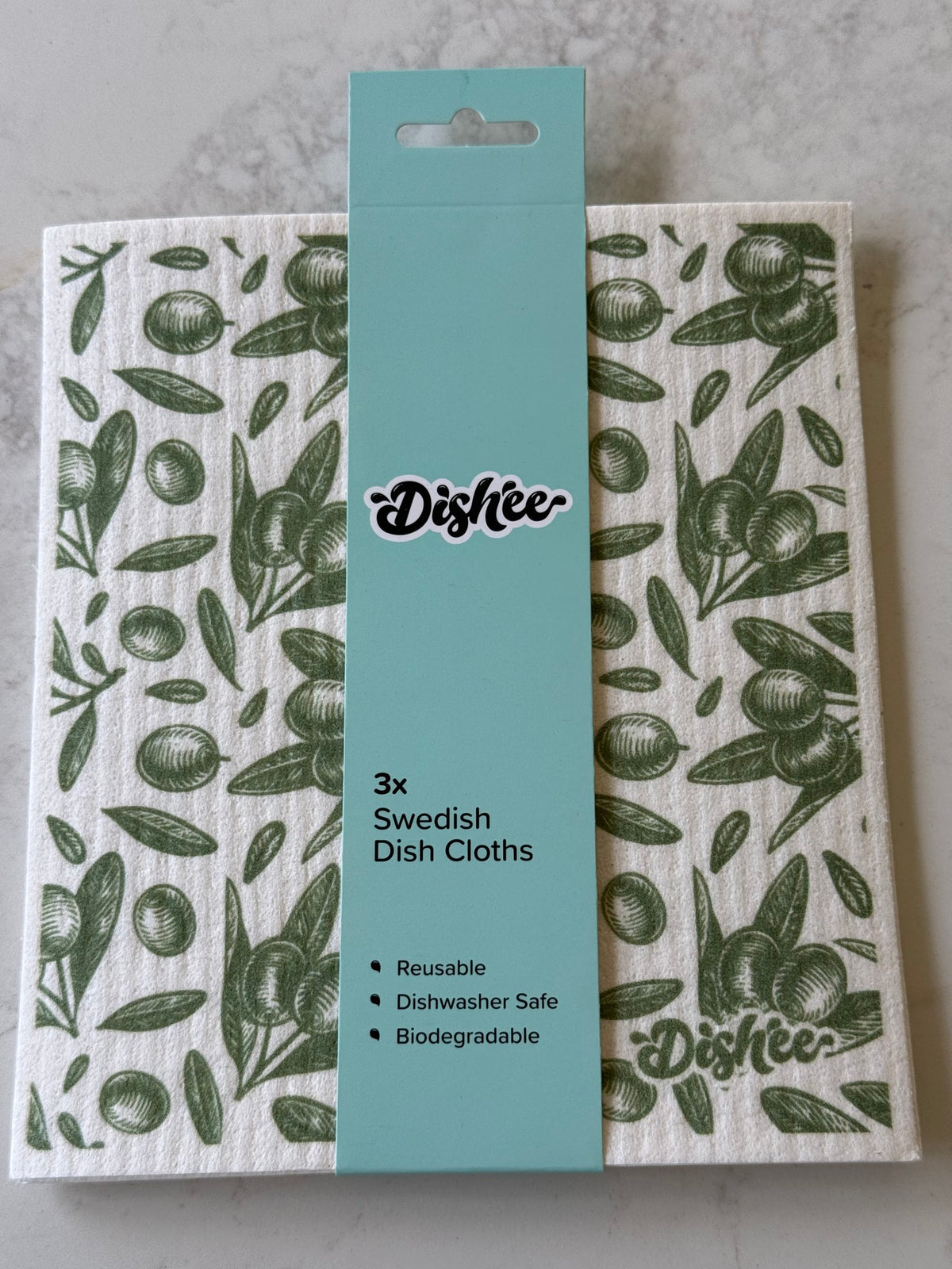 Dishee Swedish dish cloths 3 pack in Olives, on our kitchen bench in Bayside
