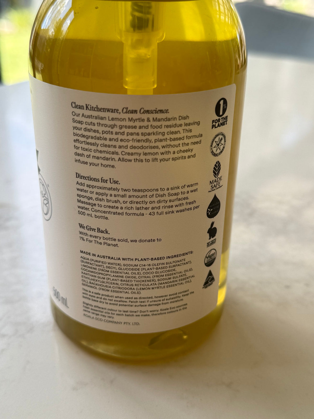 Koala Eco Dish Soap ingredients label