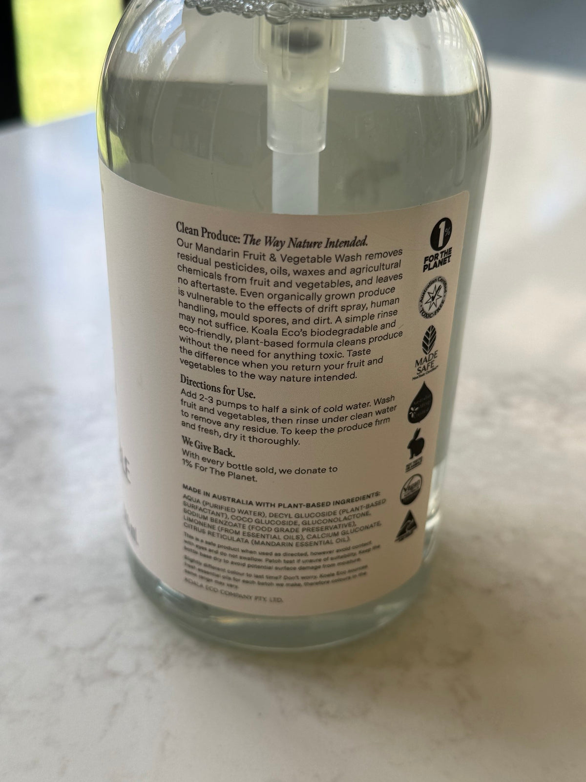 Koala Eco Fruit & Vege Wash directions and ingredients