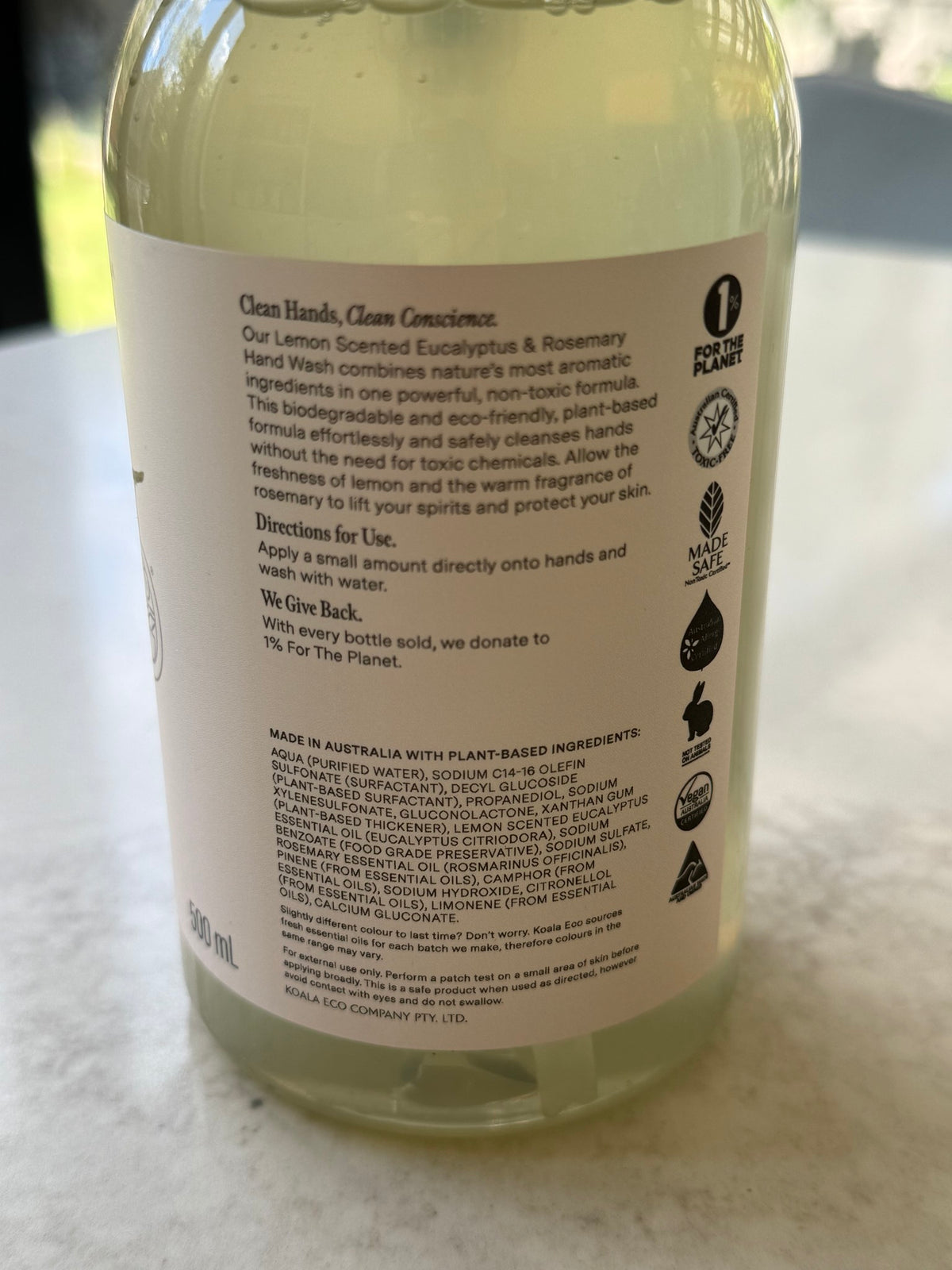 Koala Eco Hand Wash ingredients label