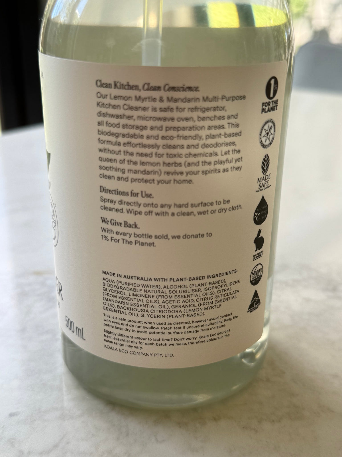 Koala Eco Kitchen Cleaner ingredients label