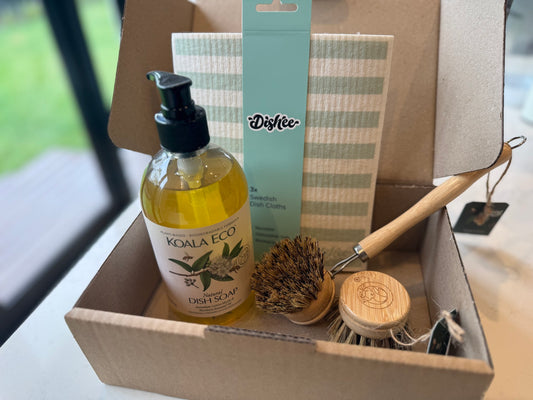 The Sink Starter in its box: Koala Eco dish soap, bamboo dish brush, refill head and Sage Stripe Swedish dish cloths