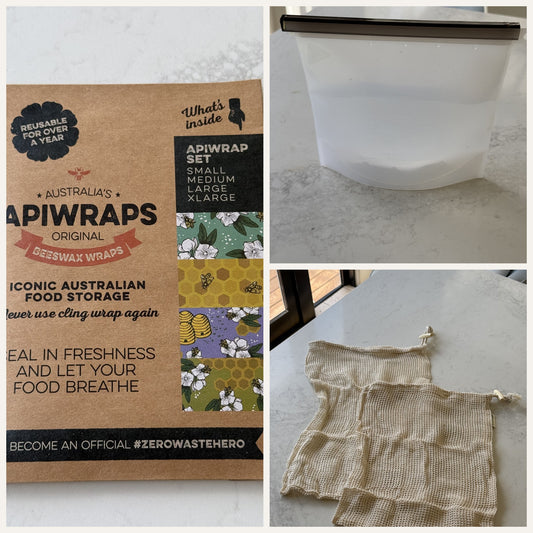 The Fridge Starter: The Apiwrap Set — 4 beeswax wraps (S, M, L, XL), Silicone Food Storage Bag — 1 litre, Organic Cotton Produce Bags — set of 2 (medium + large)