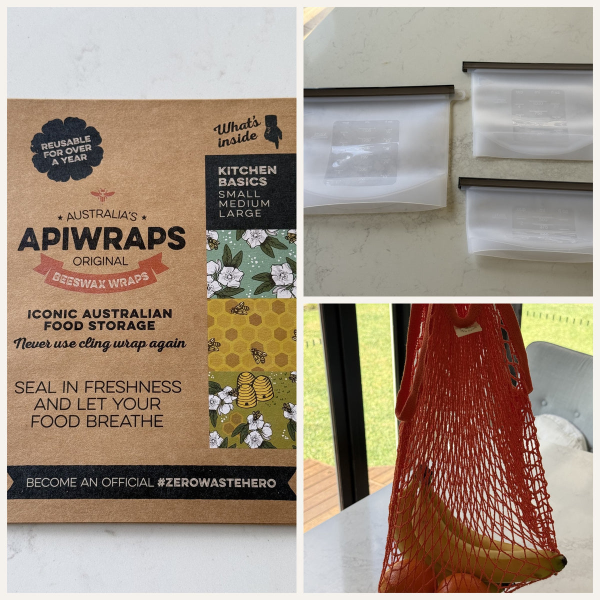 The School Lunch Set: Kitchen Basics — 3 beeswax wraps (S, M, L), Silicone Food Storage Bags — set of 3 (500ml, 1L, 1.5L), Cotton Net Shopping Bag — orange