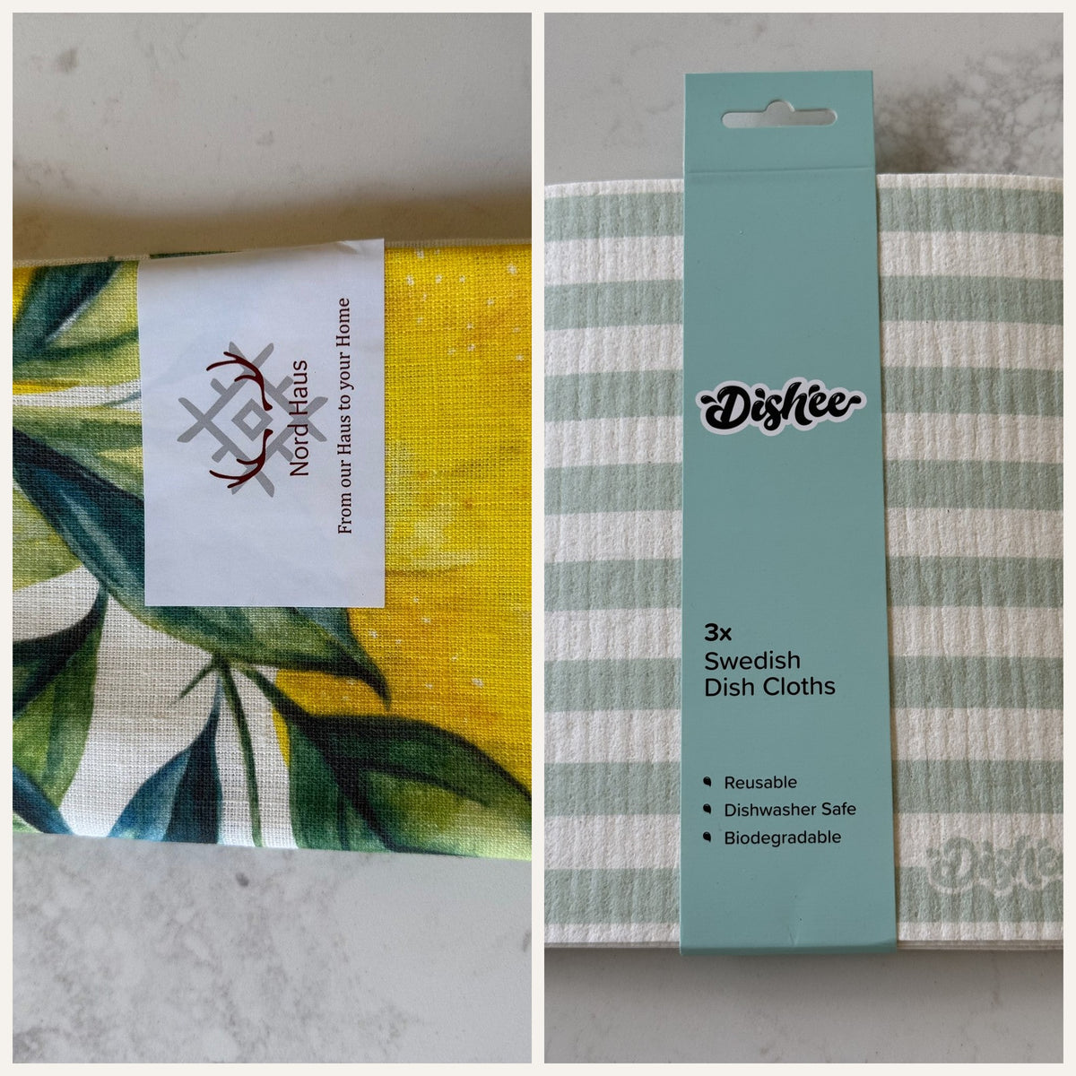 The Teacher Thank-You: Linen Tea Towel — Lemons, Swedish Dish Cloths — Sage Stripe (3 pack)